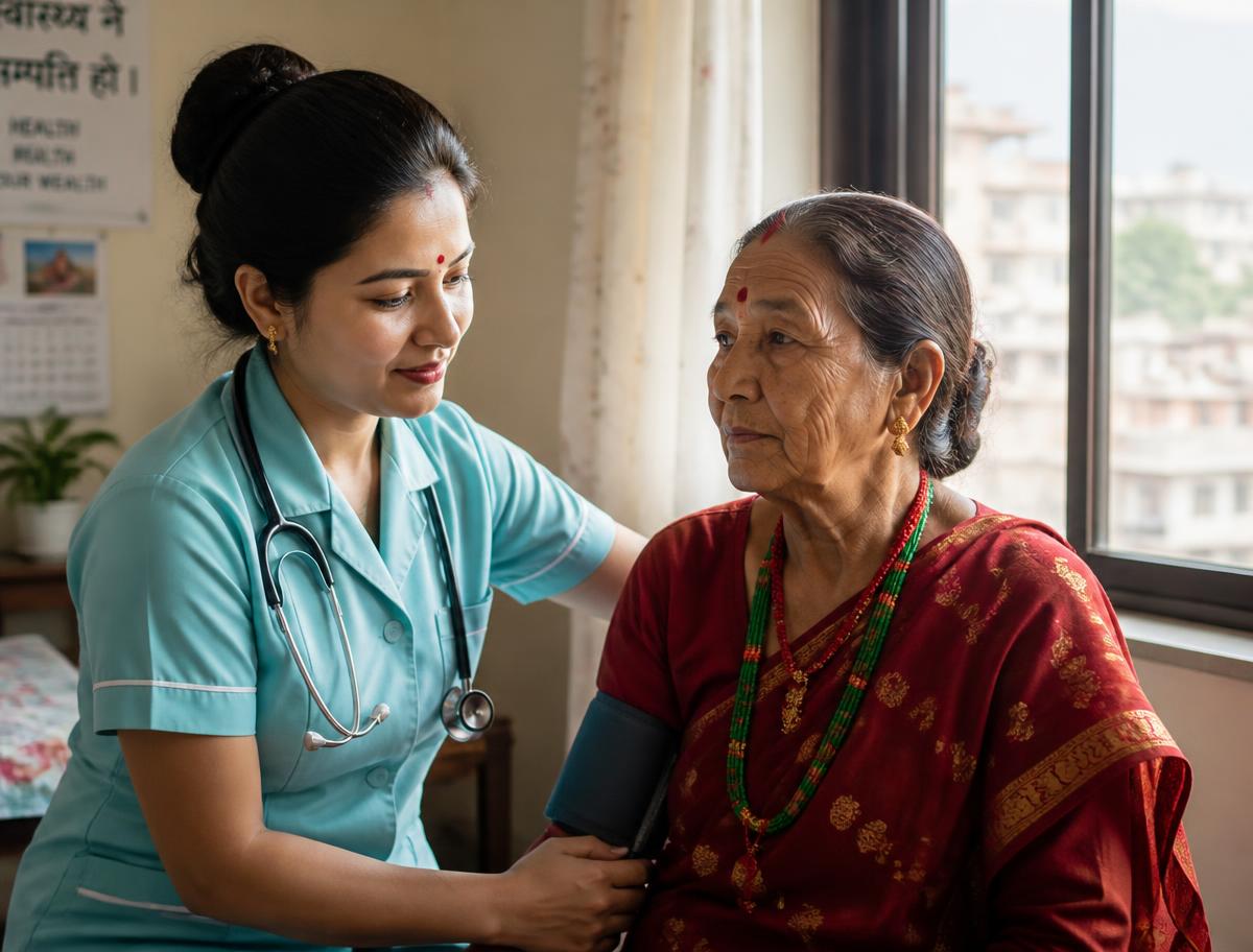 A Nepali nurse checking the blood pressure of an elderly woman in a red sari at home